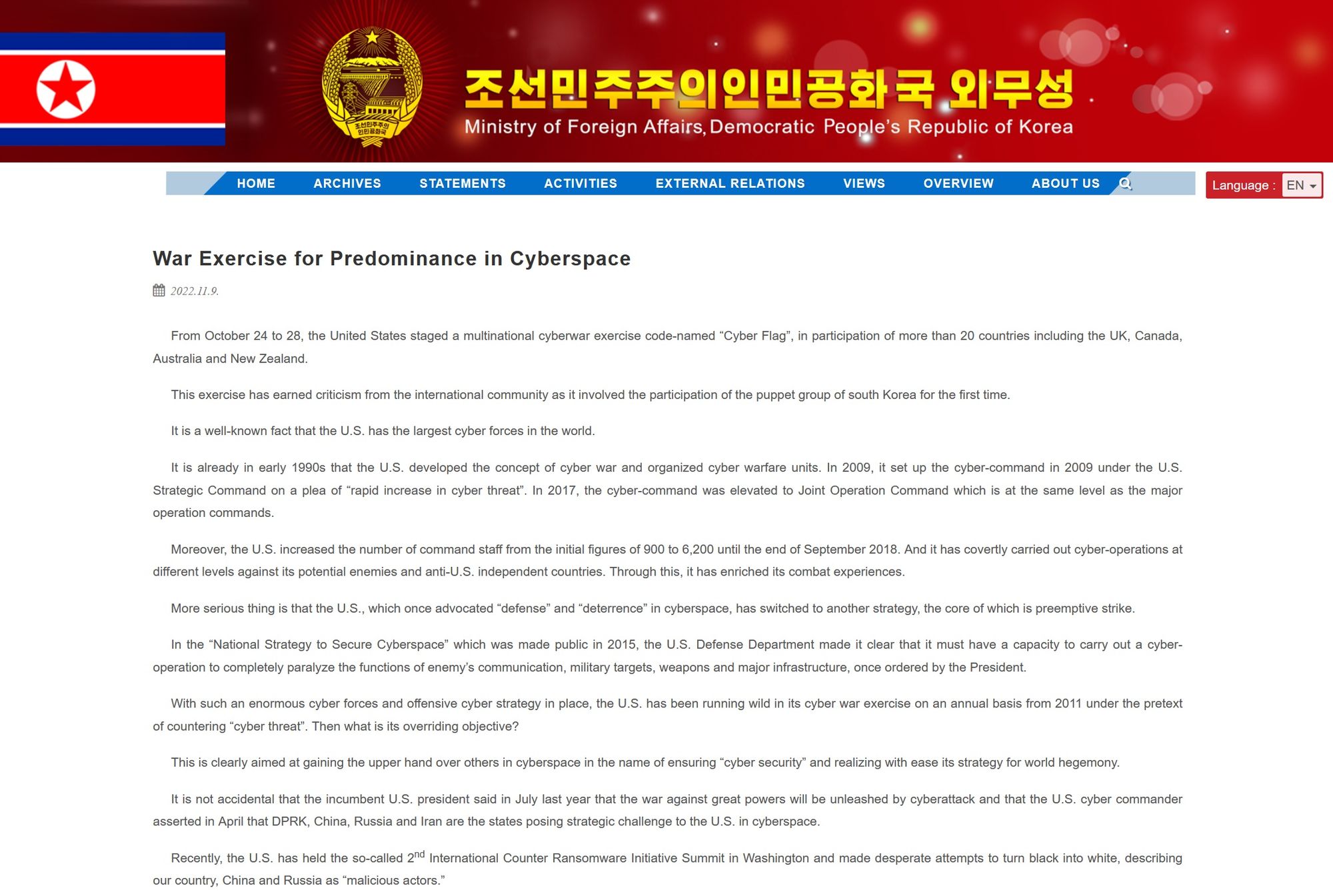 DPRK Cyber Flag 221109 - North Korea denounces US-led cyberwar exercise