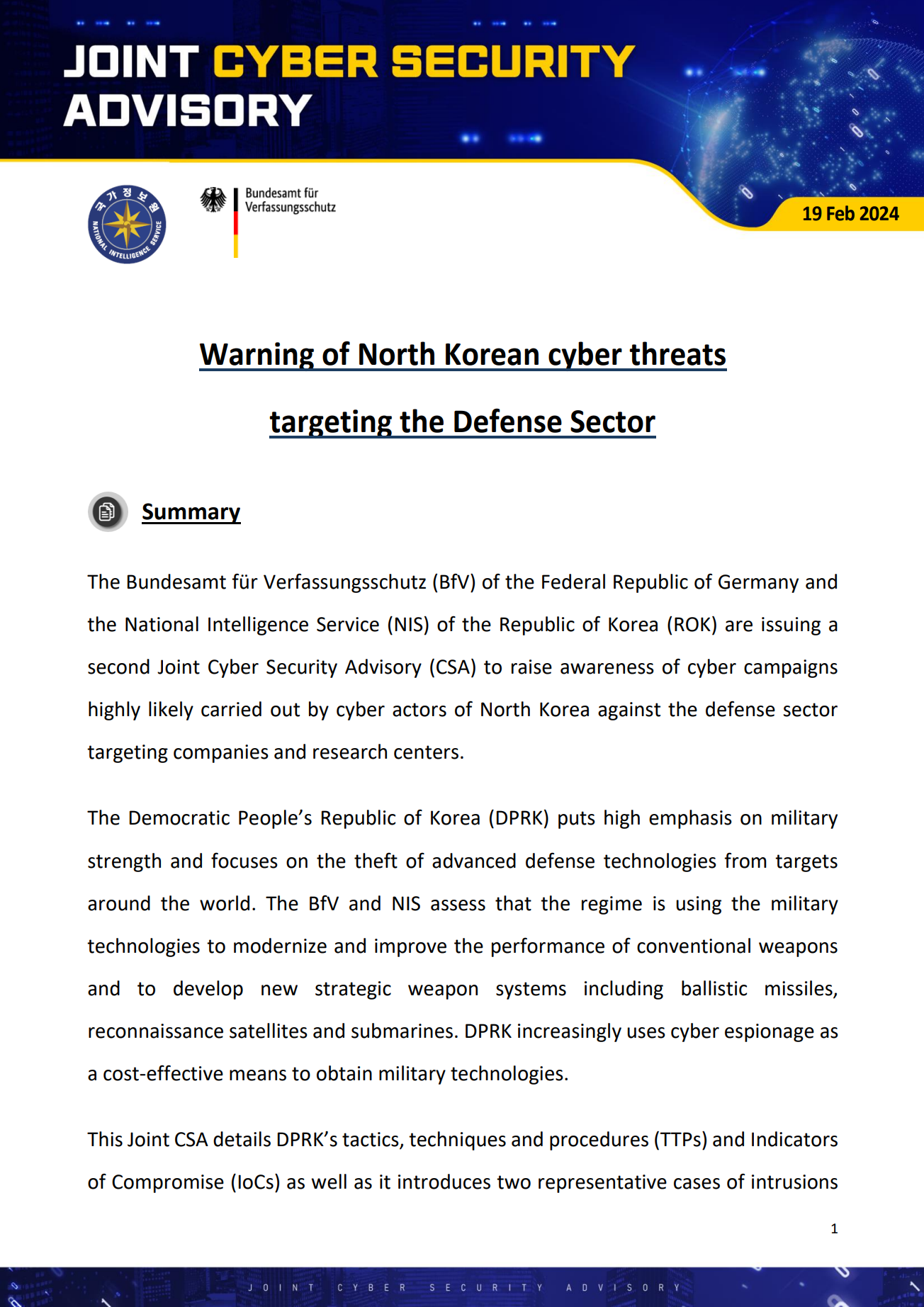 NIS BfV joint cybersecurity advisory 240219 - South Korea, Germany jointly warn of North Korea’s defense technology theft